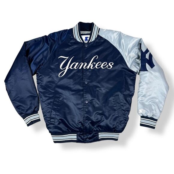 Rare STARTER NEW YORK YANKEES double sided Navy / Gray satin snap bomber jacket - Picture 2 of 16